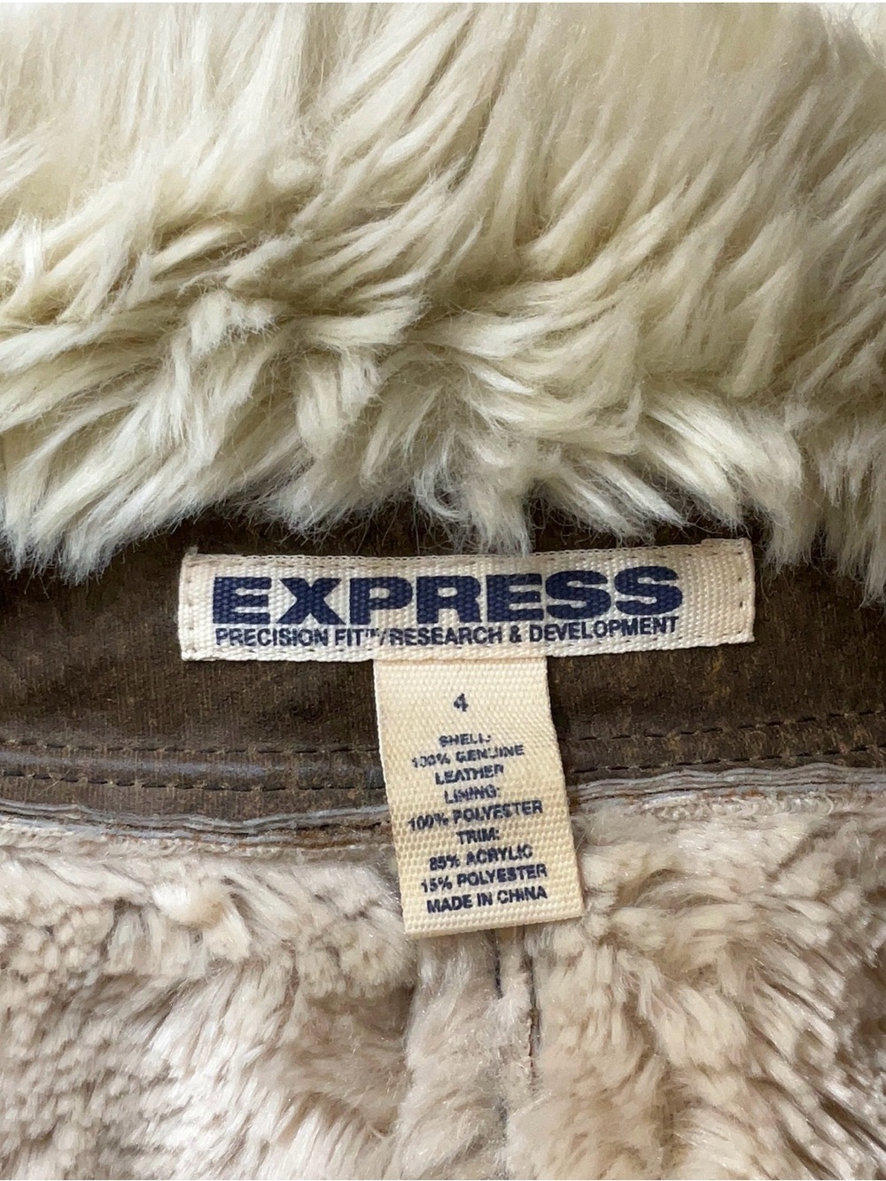 Vintage Express Brown Leather Jacket with Cream Faux-Shearling Collar - Picture 3 of 3